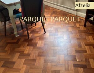 Afzelia parquet floor in double herringbone pattern